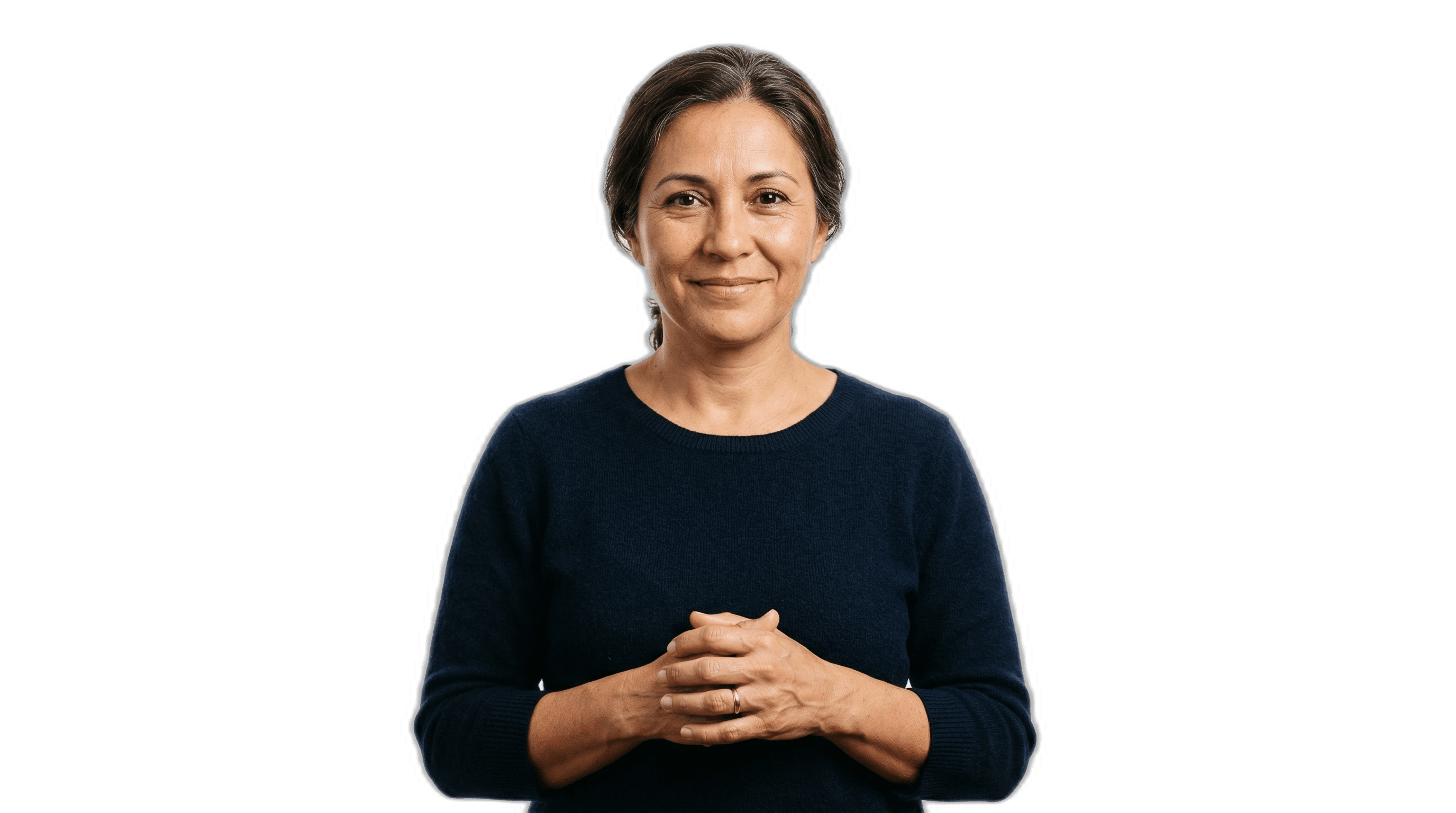 Woman with an earnest, hopeful expression conveying quiet resolve during the naturalization process despite a criminal record.