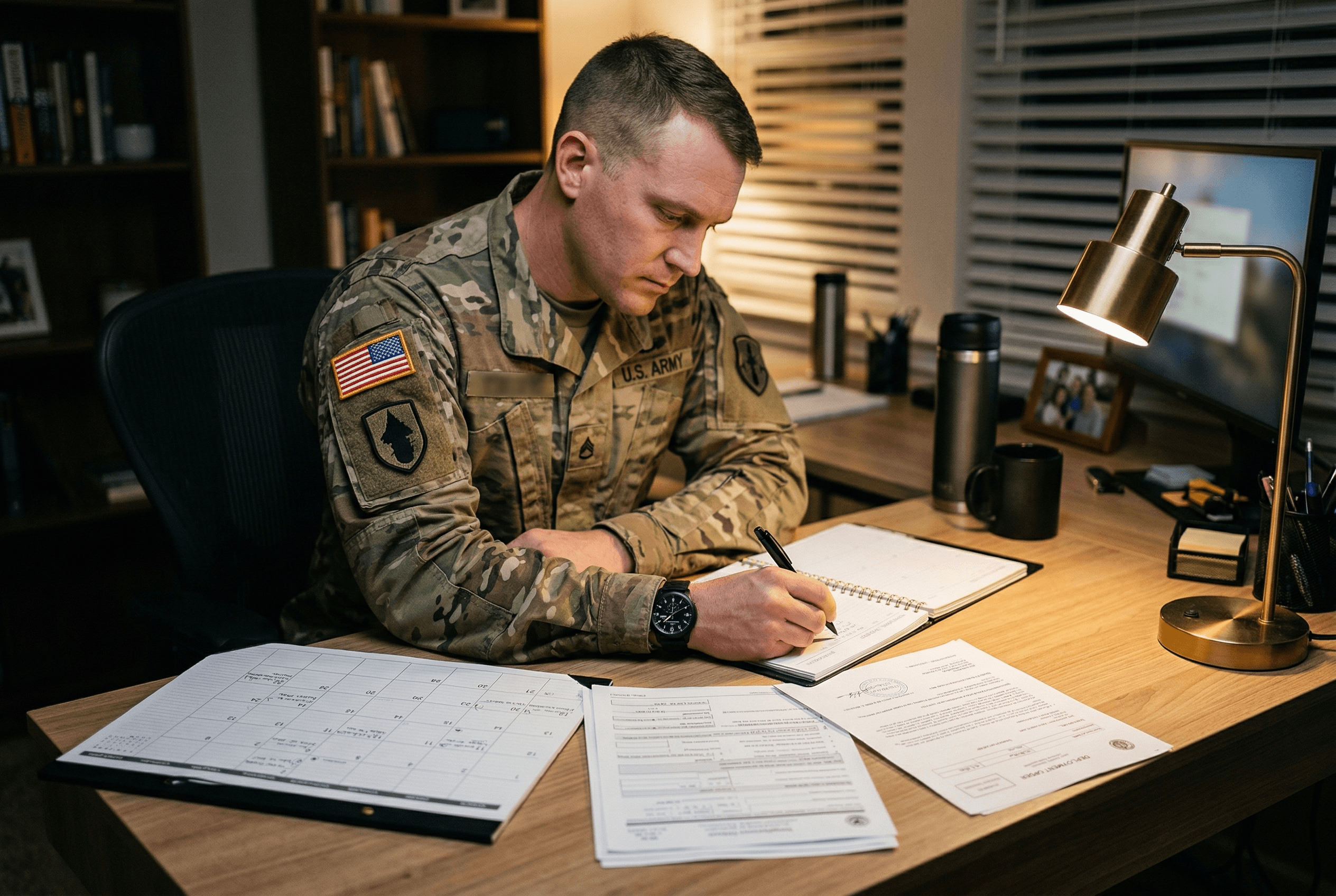 Soldier planning immigration case timeline at desk with calendar and forms