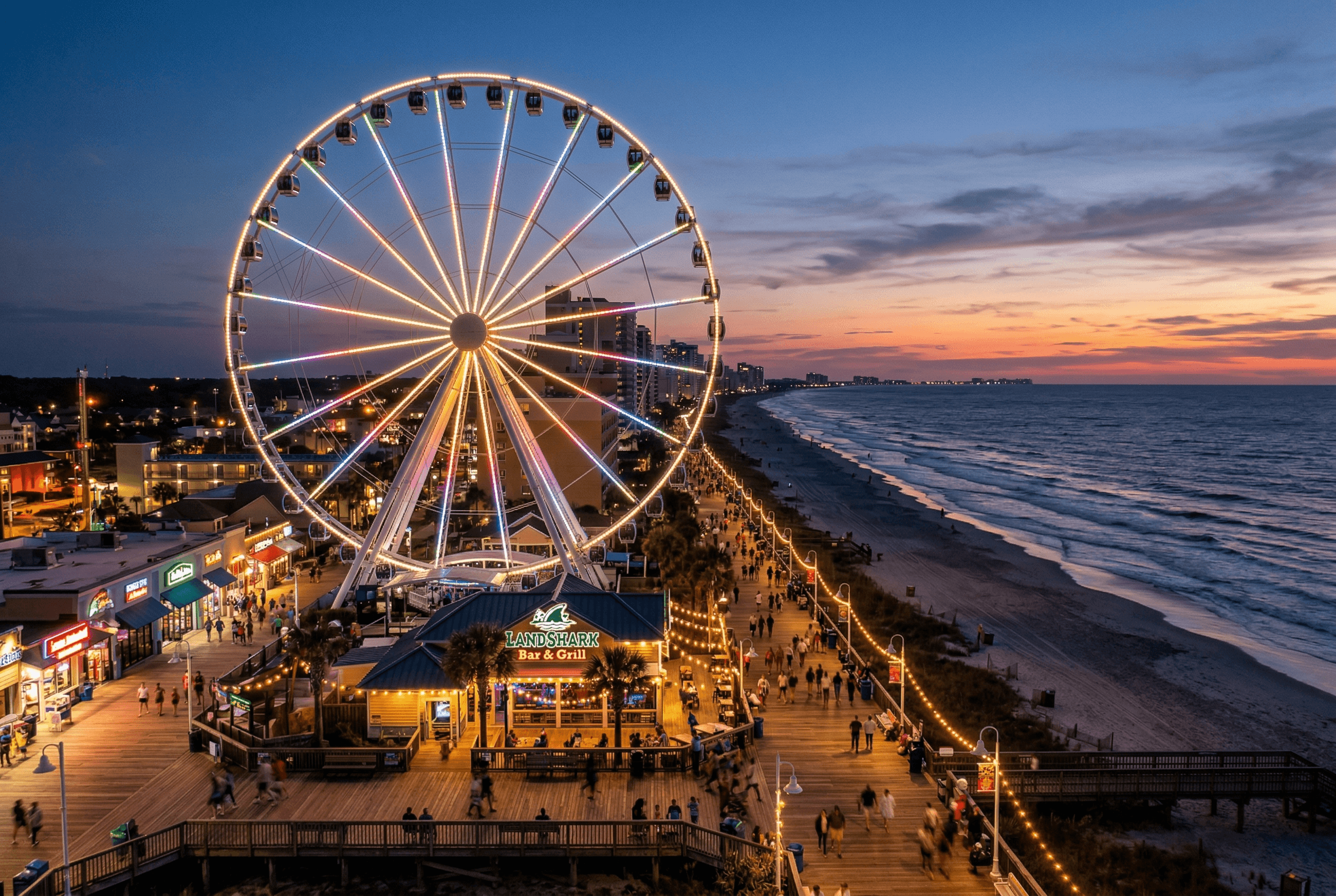 Myrtle Beach SkyWheel and boardwalk at dusk