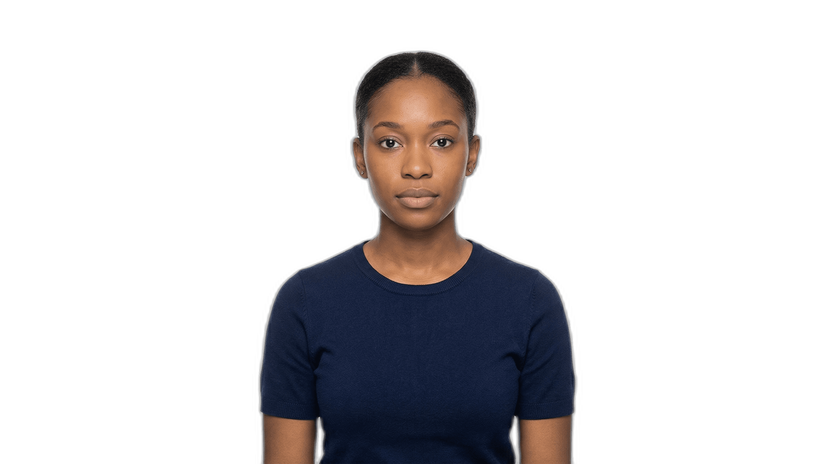 Woman demonstrating proper passport photo pose with neutral expression and front-facing position.