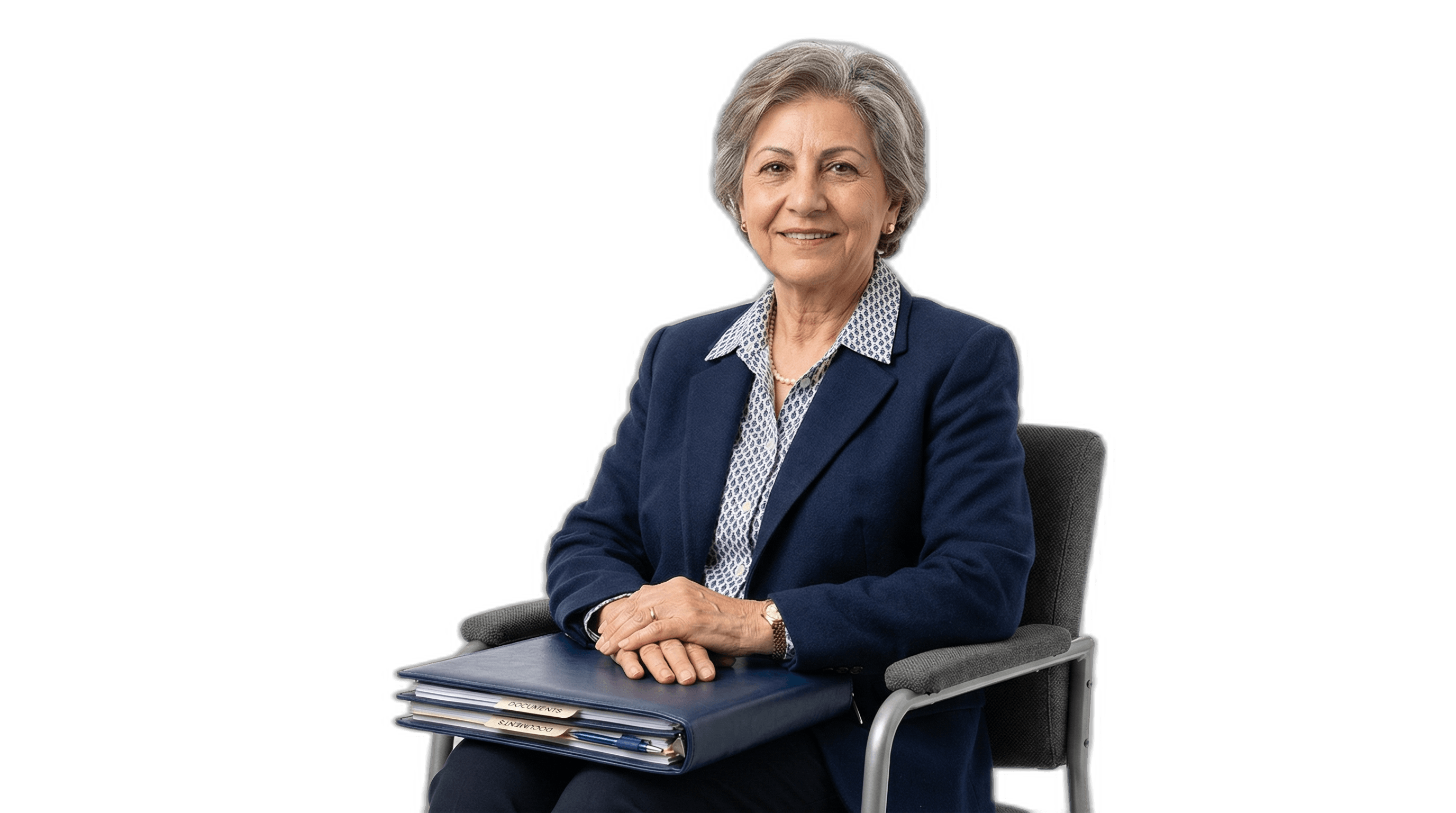 Older woman in a blazer holding an organized document folder, composed and prepared for her green card interview.